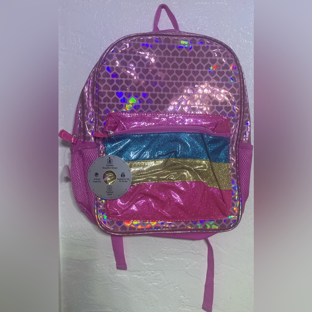 Metallic Stripe 16" Backpack Iridescent Pink Heart School Backpack